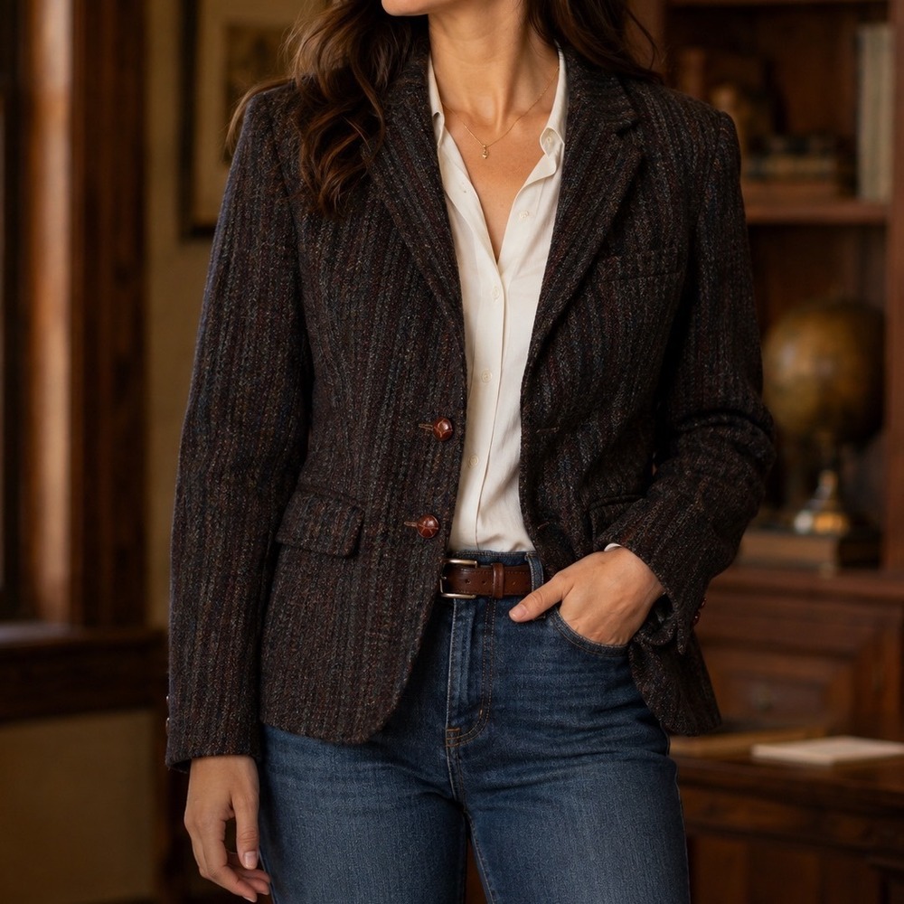 Vintage Harris Tweed Womens S Brown Wool Blazer Dark Academia Old Money Preppy
